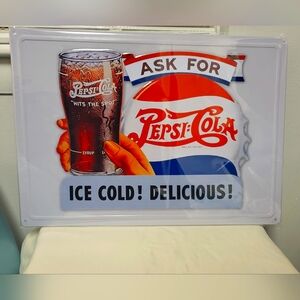 Pepsi Cola Licensed Novelty Hem Wrapped Embossed Metal Tin Poster